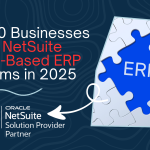 Top 10 Businesses Using NetSuite Cloud-Based ERP Systems in 2025' featuring a blue puzzle piece labeled 'ERP' fitting into a white puzzle, with Oracle NetSuite Solution Provider Partner logo at the bottom
