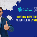 Business professional in a suit smiling and giving a thumbs up, holding a tablet, with a blue puzzle piece background. Text reads: 'How to Choose the Best NetSuite ERP System for You.' SuiteMatrix IT Solutions and Oracle NetSuite Solution Provider Partner logos are displayed at the top