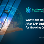 Promotional graphic by SuiteMatrix IT Solutions, an Oracle NetSuite Solution Provider Partner, featuring a futuristic cityscape held in a human hand with digital interface elements. Text reads: 'What’s the Best ERP Path After SAP Business One for Growing Companies?' and includes the website www.suitematrix.co